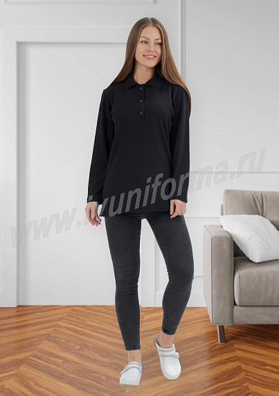 Рубашка - поло черная женская (длинный рукав)